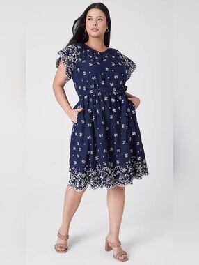 Lane Bryant Navy Dress With Intricate White Embroidery